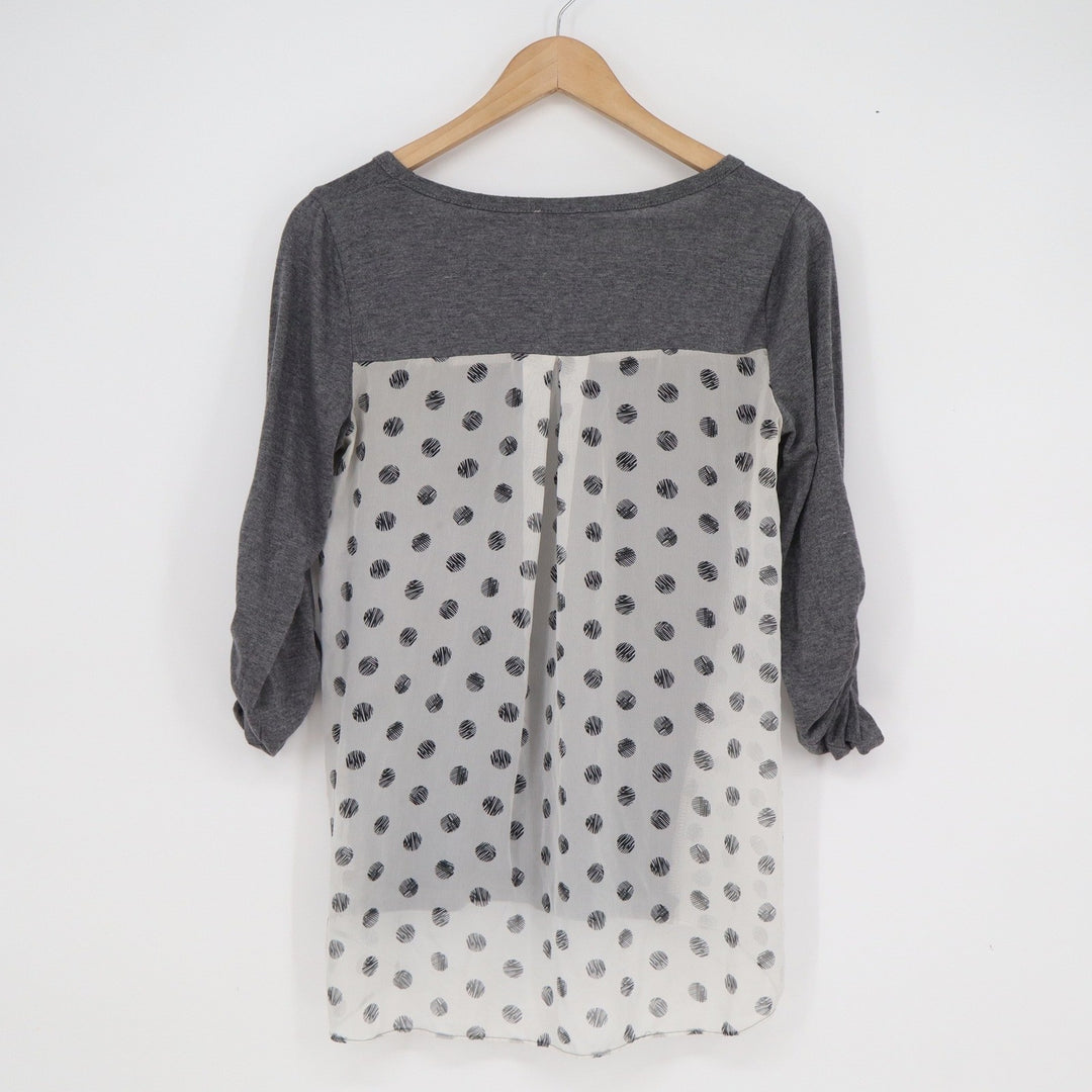 Pixley Womens Small Grey Polka Dot Mixed Media 3/4 Sleeve High Low Top