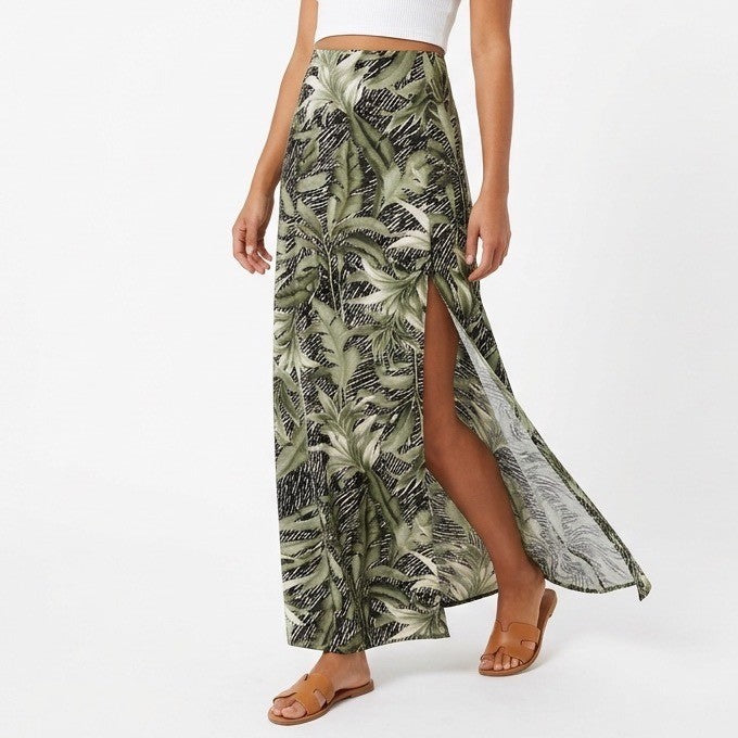 Windsor Cali Maxi Skirt Womens XS Multi Palms Tropical Print Stretch Front Slit