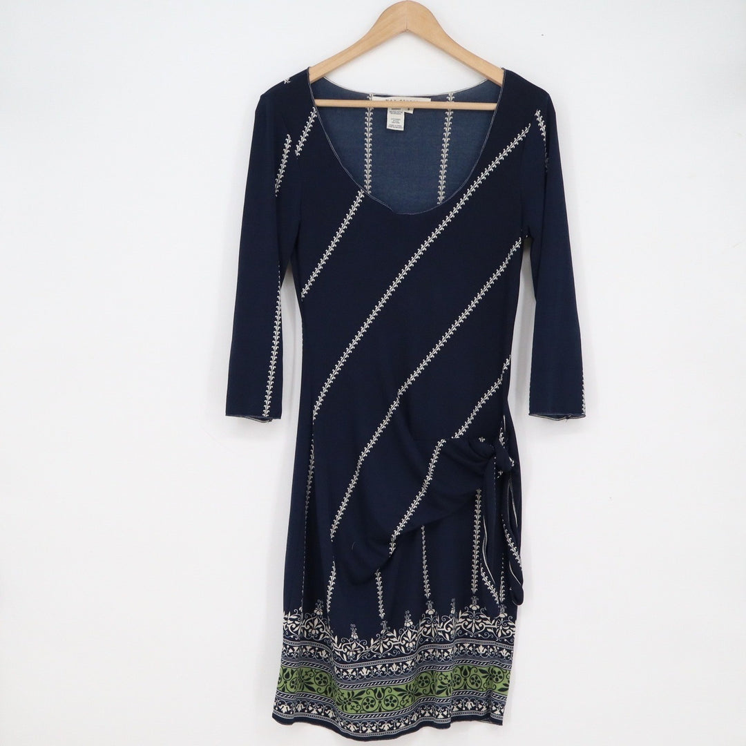 Max Studio Navy Blue Faux Wrap Dress 3/4 Sleeve Border Print S