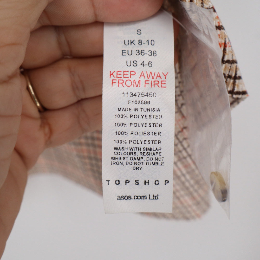 Topshop Womens Brown Orange Grid Check Plisse Button Up Shirt Size US 4-6