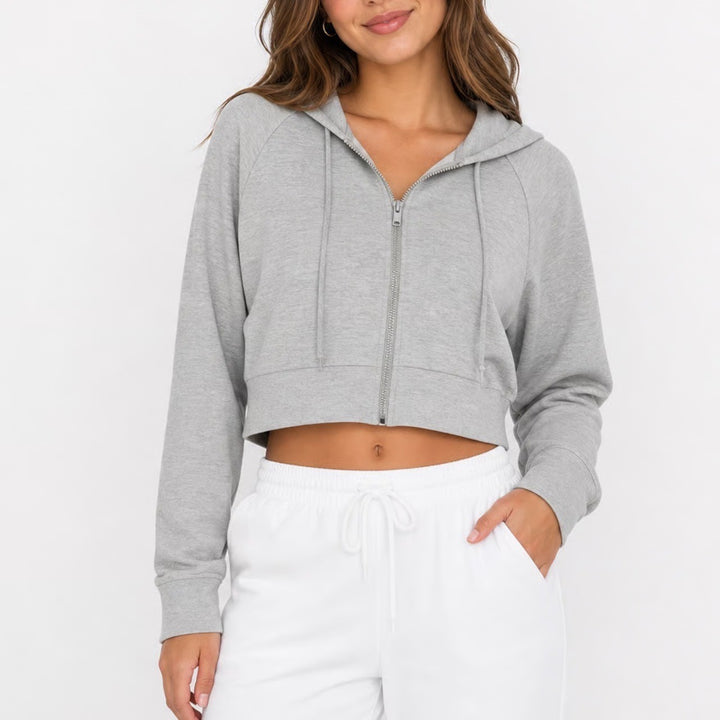 Gray Cropped Zip Up Hoodie Heathered Lightweight Long Sleeve Sweatshirt