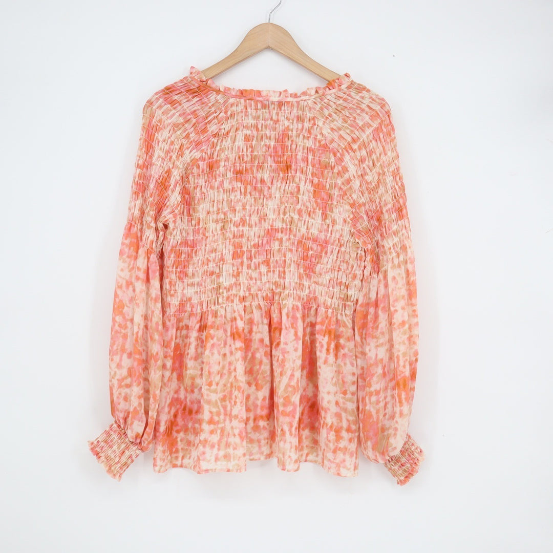 Rose + Olive Orange Pink Abstract Smocked Peplum Blouse Long Sleeve Medium