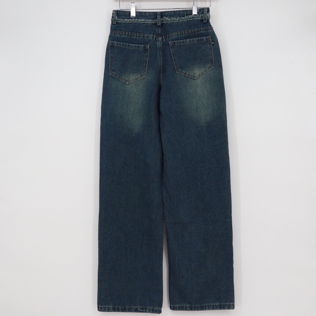Dark Wash Wide Leg High Waisted Jeans Frayed Waistband Detail Small