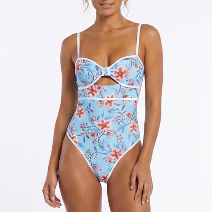 Cupshe Womens Blue Floral Cutout Tummy Control One Piece Swimsuit Size M NWT