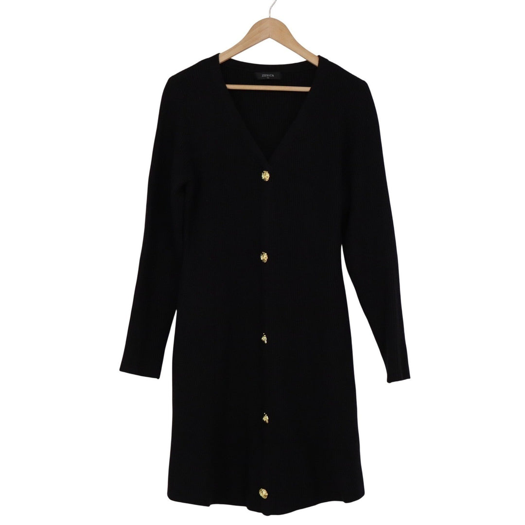 ZESICA Black Ribbed Knit V-Neck Button Front Midi Cardigan Dress XL Gold Buttons