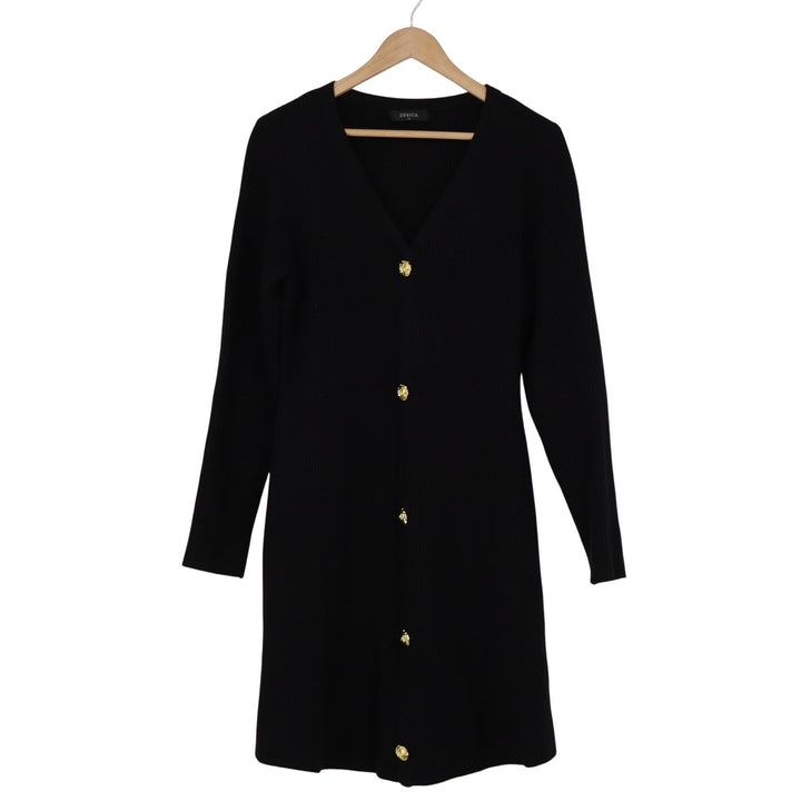 ZESICA Black Ribbed Knit V-Neck Button Front Midi Cardigan Dress XL Gold Buttons