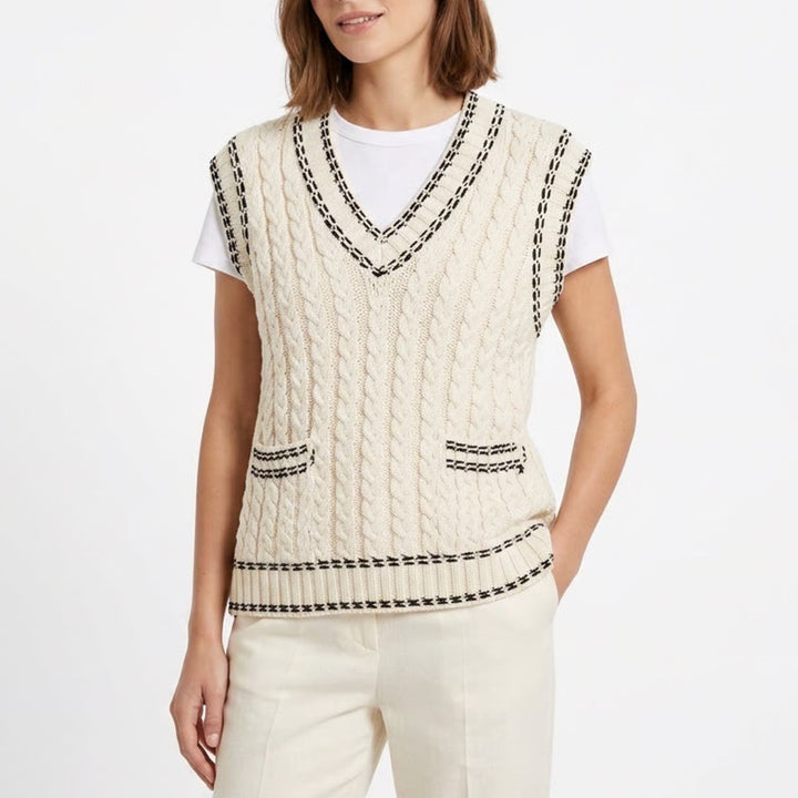 Zara Womens Small Cream Cable Knit V-Neck Sweater Vest Black Contrast Trim