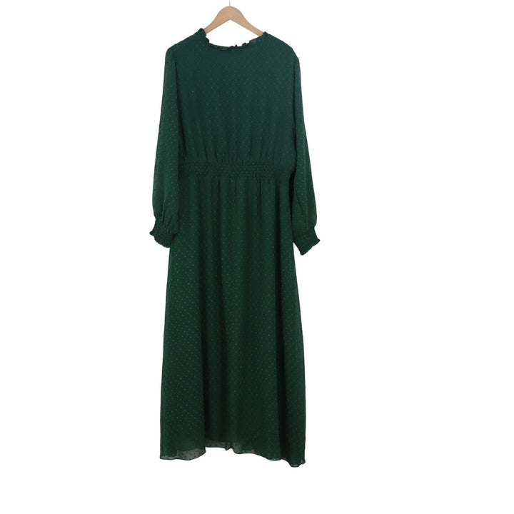 Shein Curve Dark Green Swiss Dot Maxi Dress Plus Size 2XL Smocked Waist Ruffle