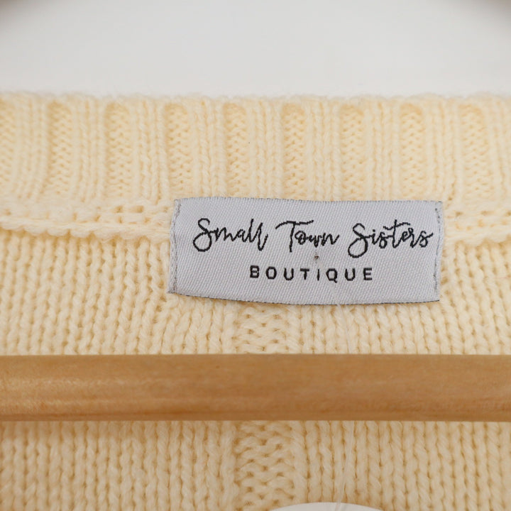 Small Town Sisters Boutique Colorblock Cable Knit Sweater Cream Pink Burgundy S