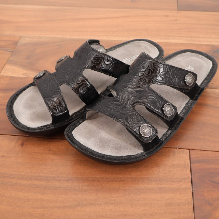 Alegria Venice Black Embossed Rose Leather Slide Sandals VEN-871 Size 38