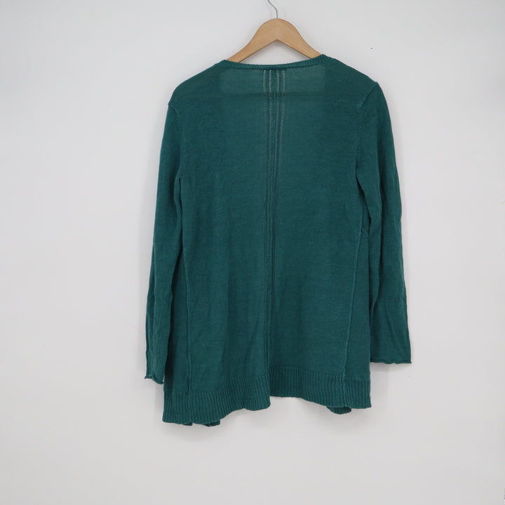 Eileen Fisher Teal Green 100% Linen Open Front Cardigan Sweater Pockets Small