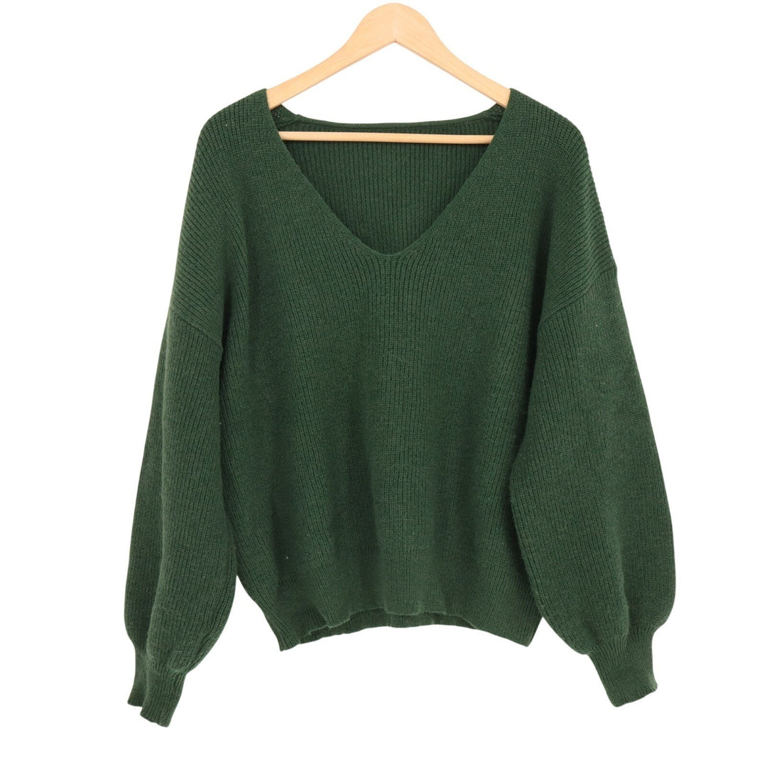 Shein Frenchy Sweater Women Medium Green Ribbed Knit Long Sleeve V-Neck Pullover