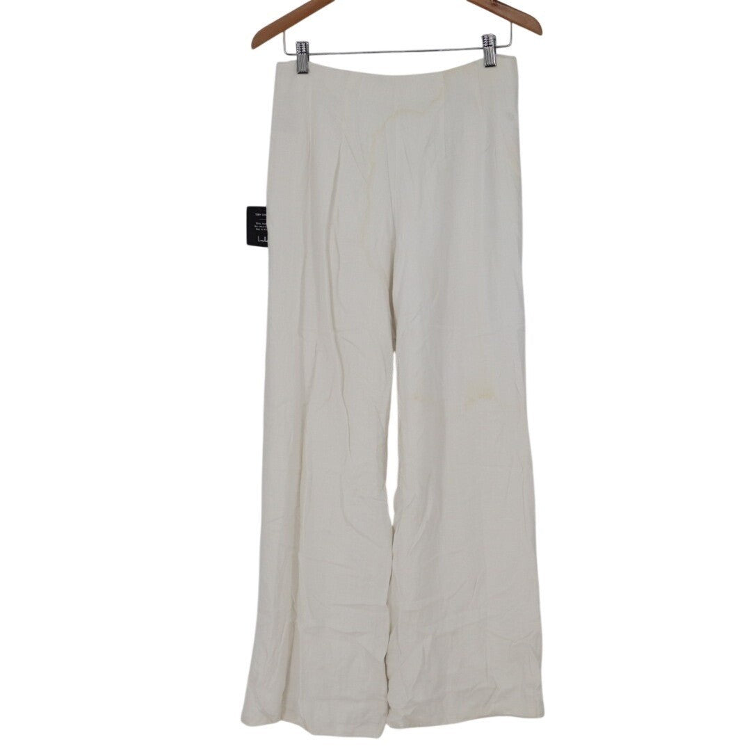 Lulus Pants Womens Medium Cream Lined Linen Blend Casual Wide Leg Side Buttons