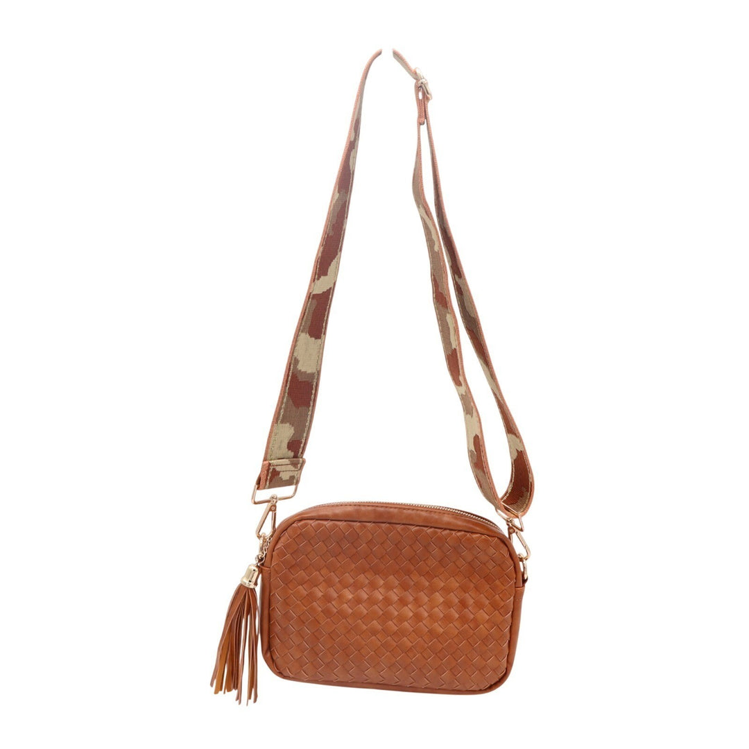 Womens Handbag Brown Woven Leather Tassel Adjustable Strap Crossbody Bag