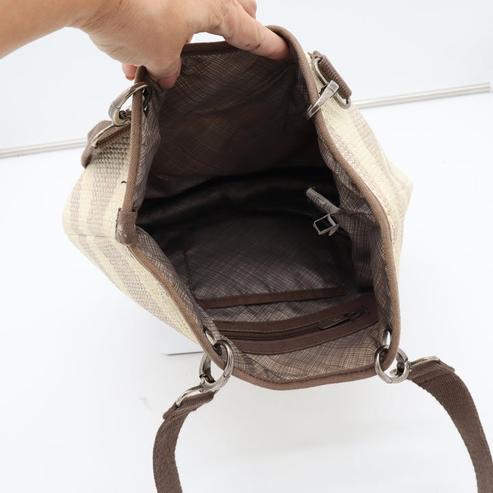 Thirty-One Woven Striped Shoulder Bag Brown Cream Canvas Tote