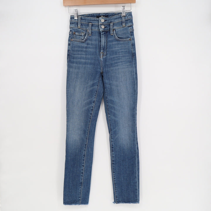 7 For All Mankind High Rise Skinny Jeans Blue Raw Hem Double Button Size 23
