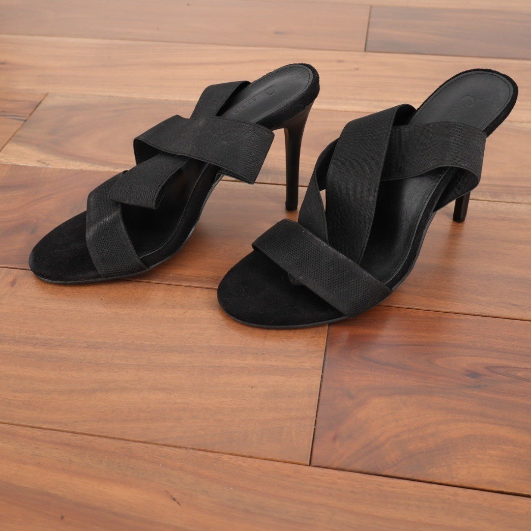Cucco Black Suede Elastic Strap Stiletto Heeled Mules Sandals Size 37
