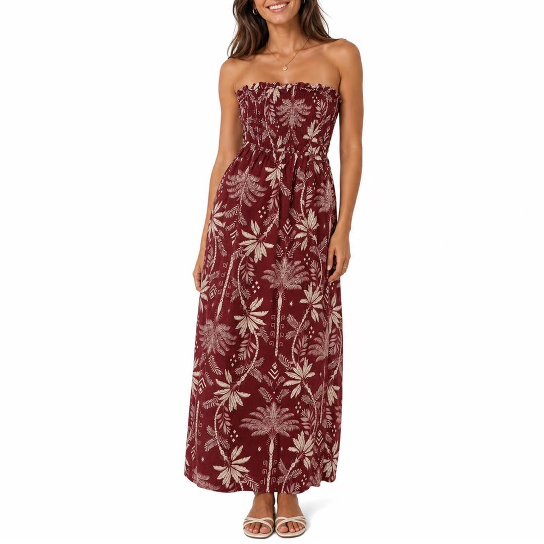 Monteau Los Angeles Strapless Maxi Dress XS Burgundy Tropical Palm Linen Blend