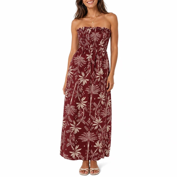 Monteau Los Angeles Strapless Maxi Dress XS Burgundy Tropical Palm Linen Blend