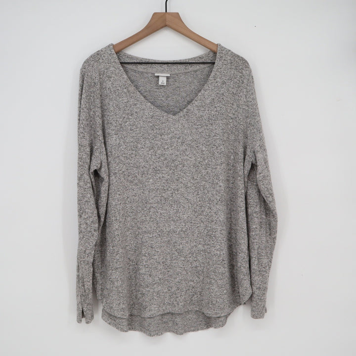 Ava & Viv Womens Plus 1X Grey Marled V-Neck Long Sleeve Knit Top Curved Hem