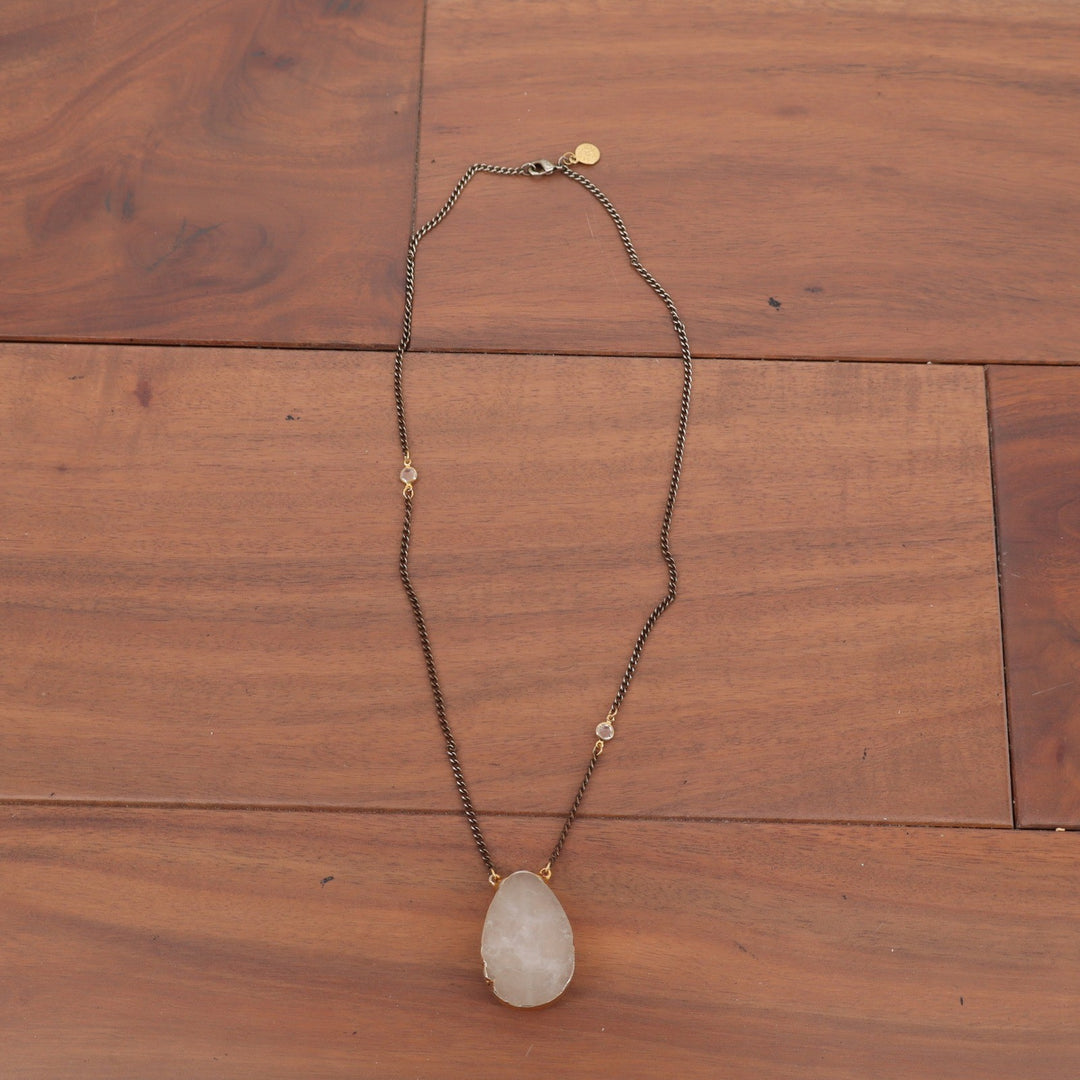 Raw Quartz Teardrop Pendant Necklace Brass Tone Curb Chain Crystal Accents Boho