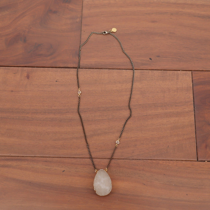 Raw Quartz Teardrop Pendant Necklace Brass Tone Curb Chain Crystal Accents Boho