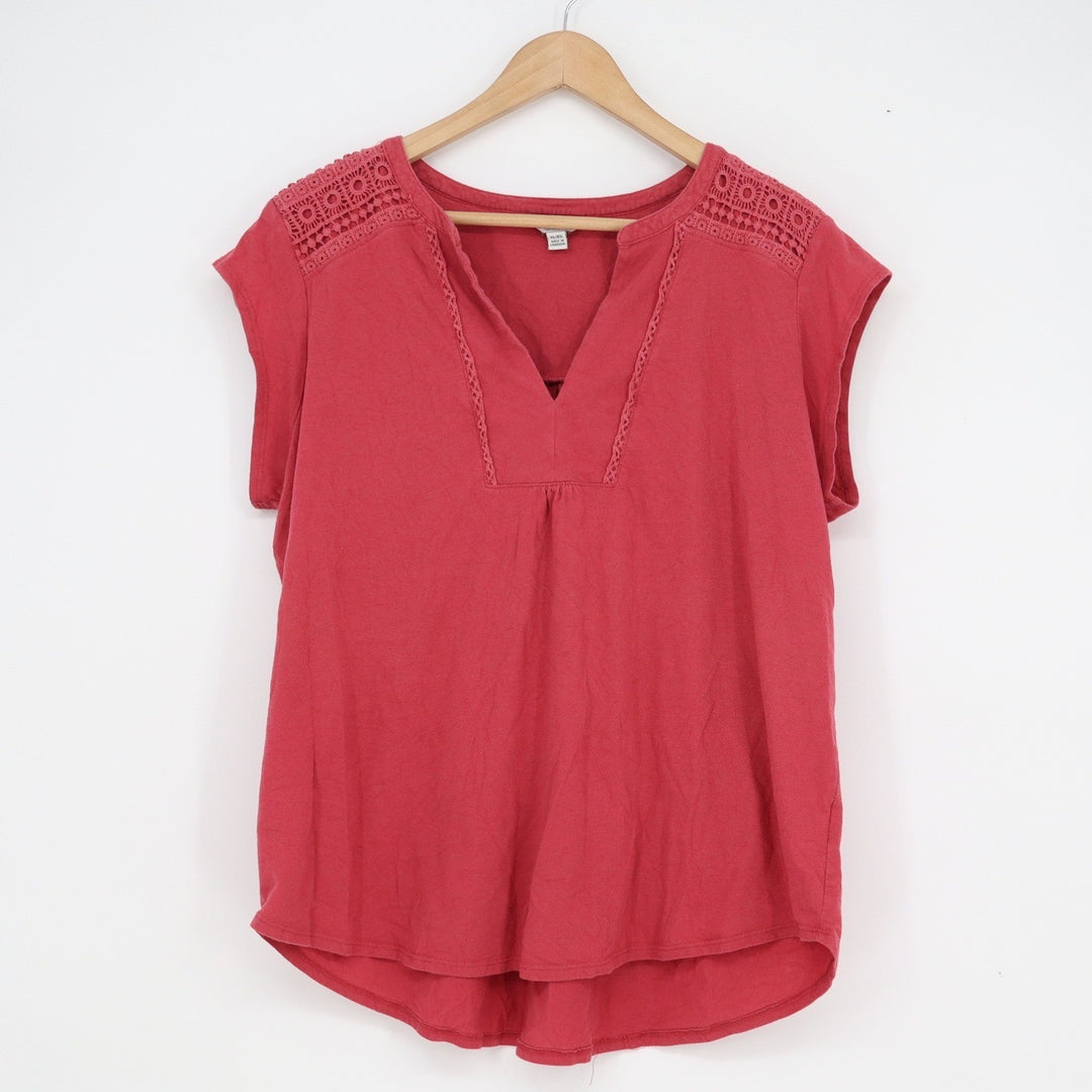Orvis Red Crochet Lace Trim Split Neck Cap Sleeve Blouse Top Womens XL