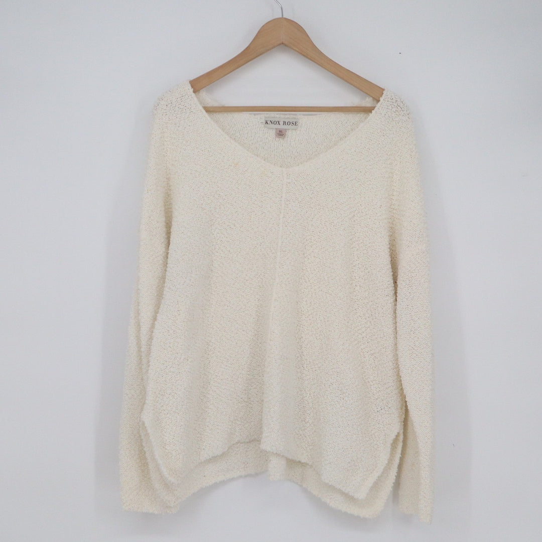 Knox Rose Womens XL Cream Popcorn Knit V-Neck Oversized Sweater