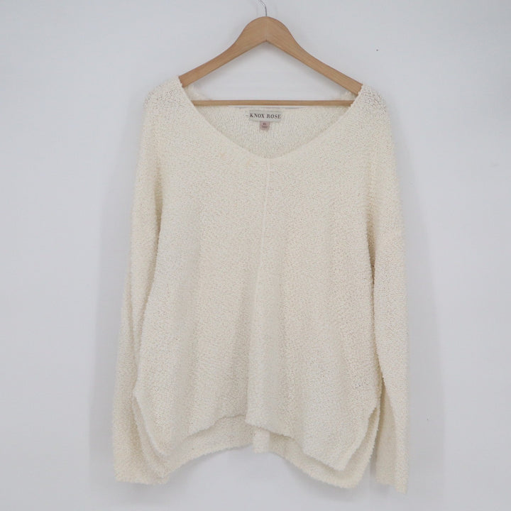 Knox Rose Womens XL Cream Popcorn Knit V-Neck Oversized Sweater
