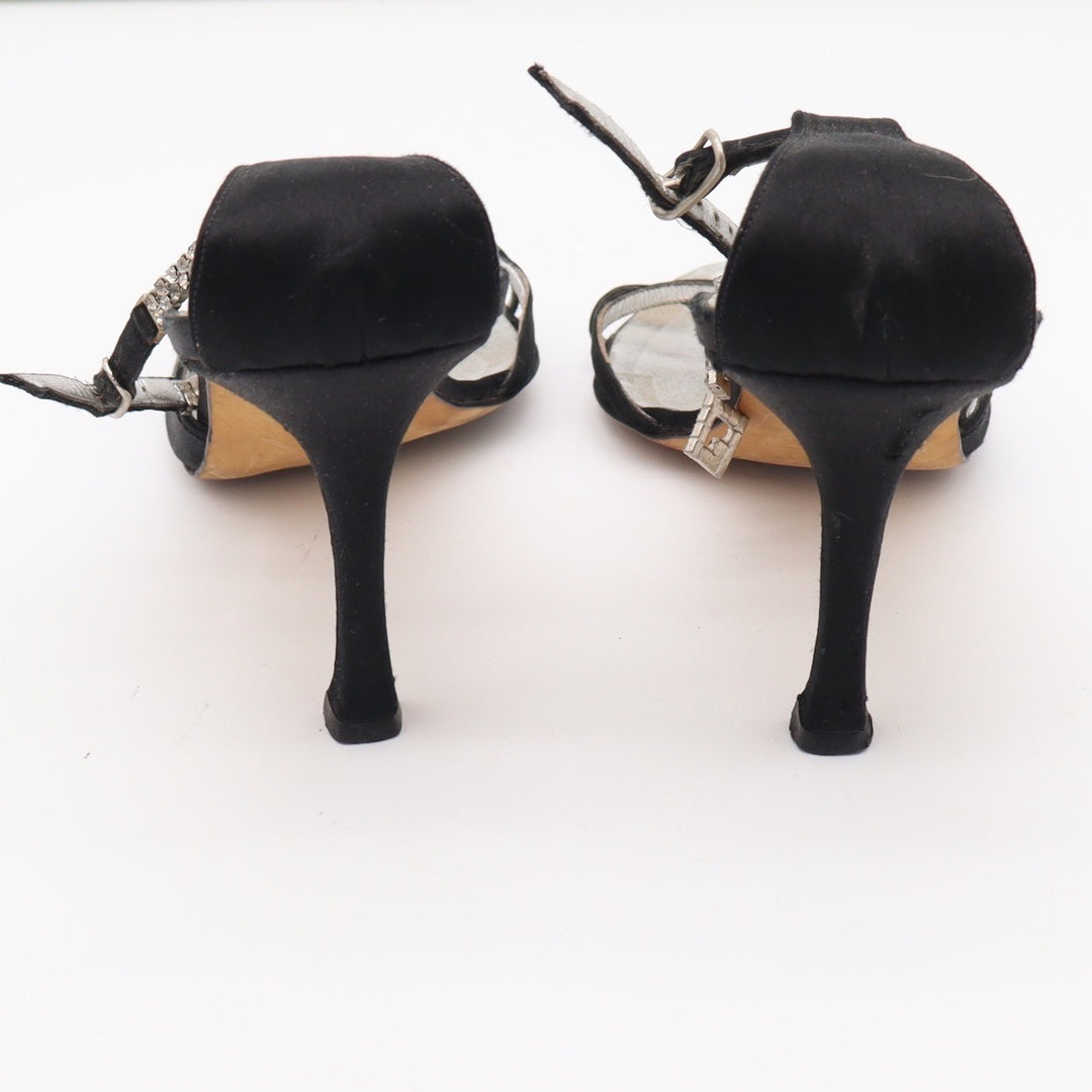 Manolo Blahnik Black Satin Rhinestone Charm Ankle Strap Evening Sandals Heels
