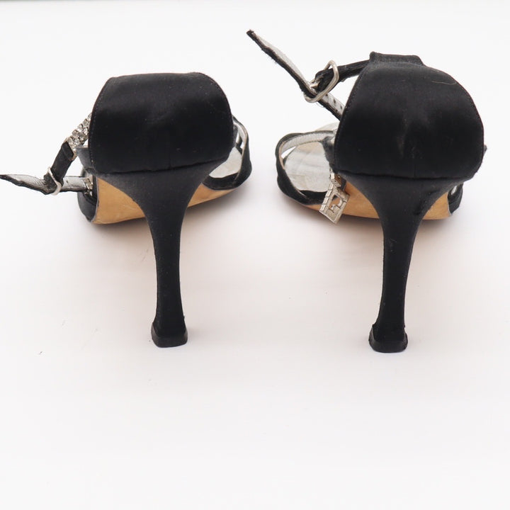 Manolo Blahnik Black Satin Rhinestone Charm Ankle Strap Evening Sandals Heels