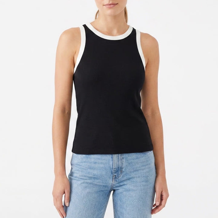 A New Days Tank Top Womens Large Black White Ribbed Knit Round Neck Yoga Running