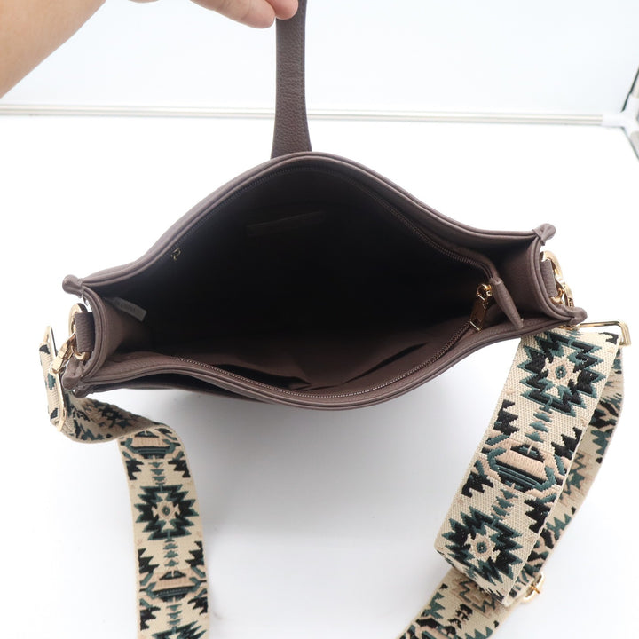 Ahdorned Brown Vegan Leather Messenger Bag with Southwestern Guitar Strap