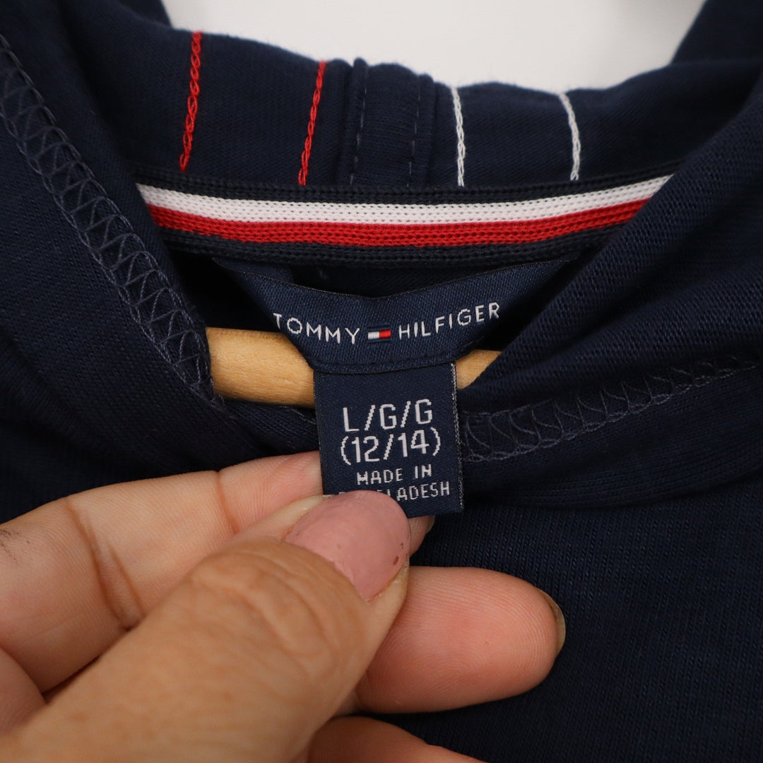 Tommy Hilfiger Girls Navy Blue Tie Front Hoodie Heart Logo Stripe L 12/14