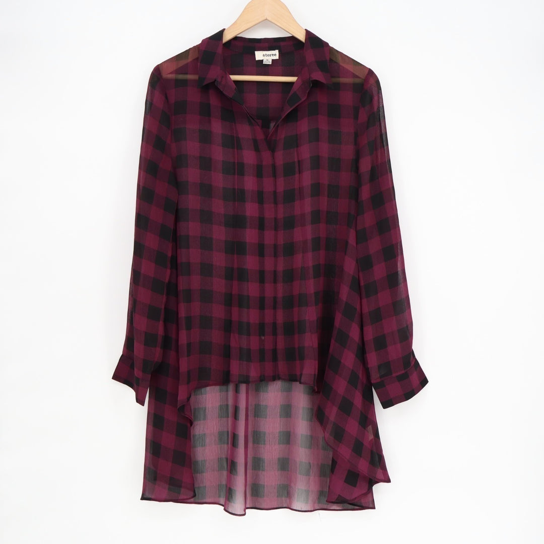 Storne Tunic Blouse Women M Red Black Check Hi Low Hem Spread Collar Long Sleeve