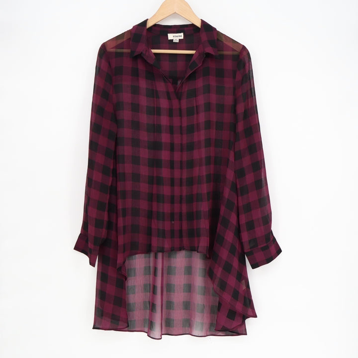 Storne Tunic Blouse Women M Red Black Check Hi Low Hem Spread Collar Long Sleeve