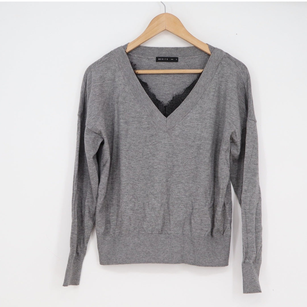 Mohito Basic Grey V-Neck Lace Trim Knit Sweater Long Sleeve Pullover Womens S