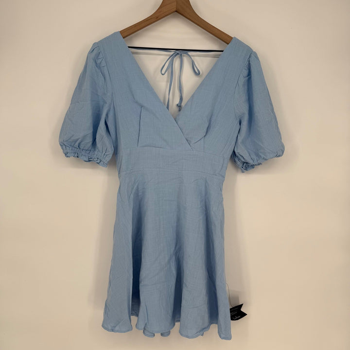 Lulus Dreaming Of Paris Blue Puff Sleeve Mini Dress With Pockets Size M