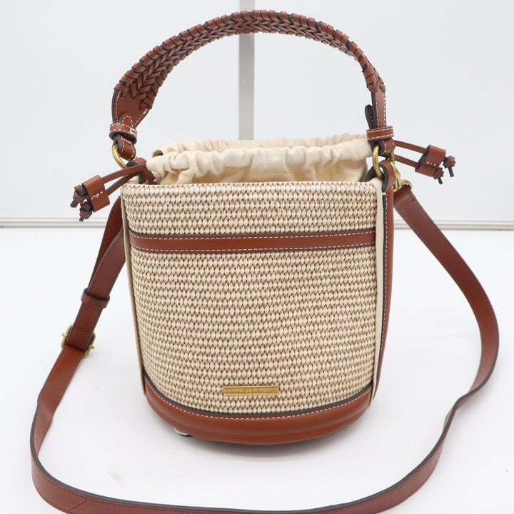 House of Harlow 1960 Woven Straw Leather Bucket Bag Brown Beige Crossbody