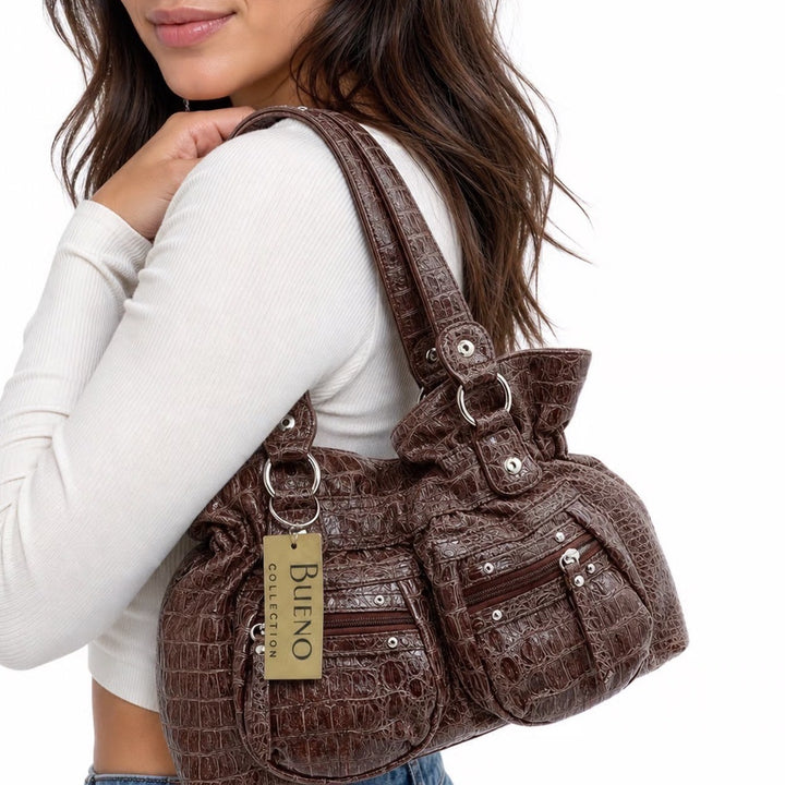 Bueno Shoulder Bag Womens Medium Brown Croc Embossed Faux Leather NEW