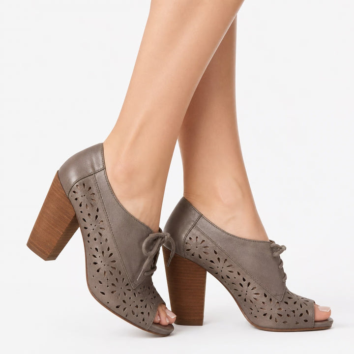 Lucky Brand Peony Metallic Pewter Leather Peep Toe Block Heel Booties 9.5