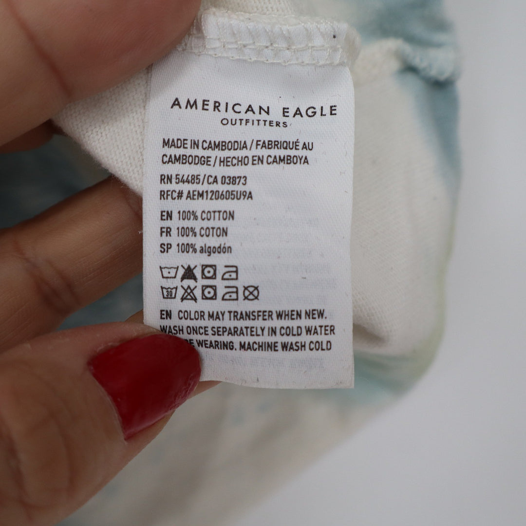 American Eagle Womens Small Blue Green Tie Dye Cropped Polo Shirt Raw Hem Cotton