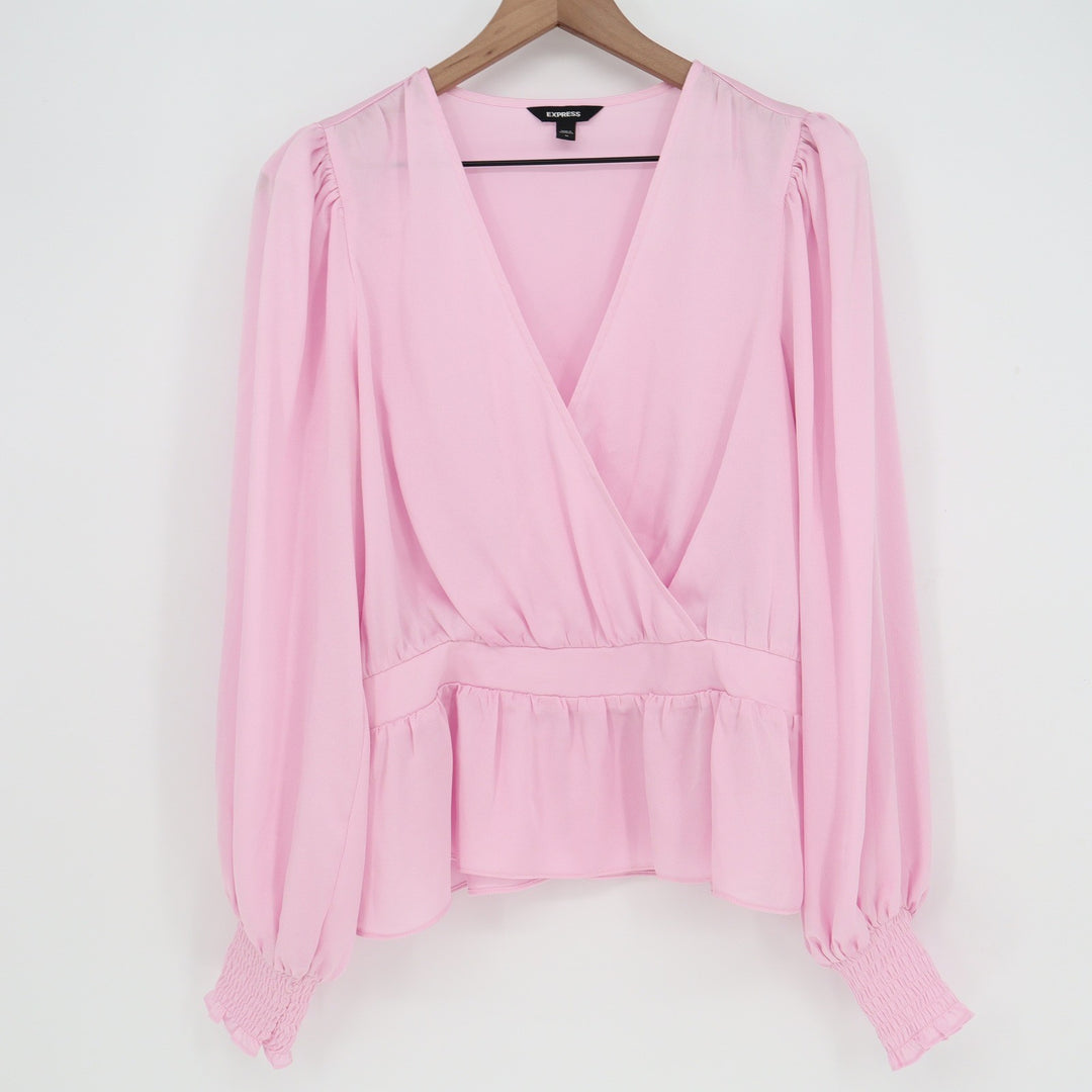 Express Pink Surplice Peplum Blouse Long Sleeve Smocked Cuff Top Size M