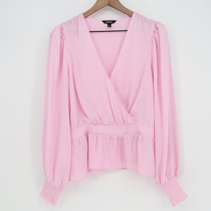 Express Pink Surplice Peplum Blouse Long Sleeve Smocked Cuff Top Size M