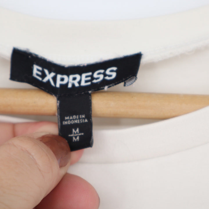 Express Womens Medium Cream Short Sleeve Cuffed Tie Back Knit T-Shirt Top