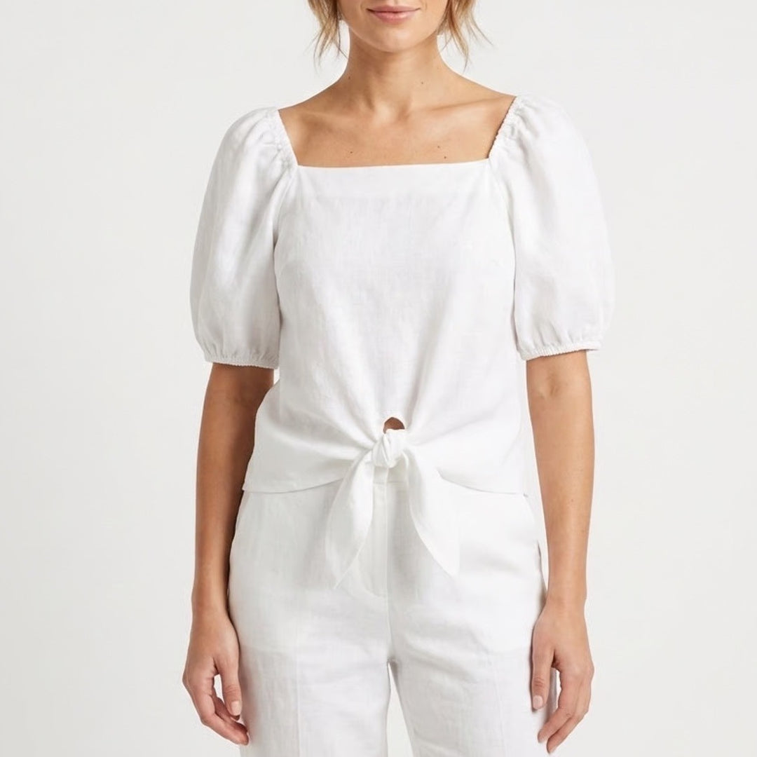 Loft Crop Top Womens L White Stretch Textured Tie Hem Square Neck Short Sleeve