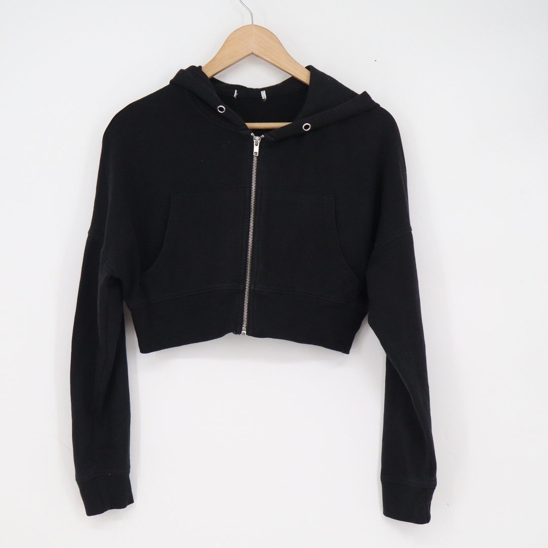 Black Cropped Zip Up Hoodie Long Sleeve Sweatshirt Size M