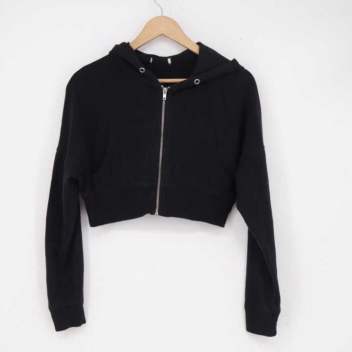 Black Cropped Zip Up Hoodie Long Sleeve Sweatshirt Size M