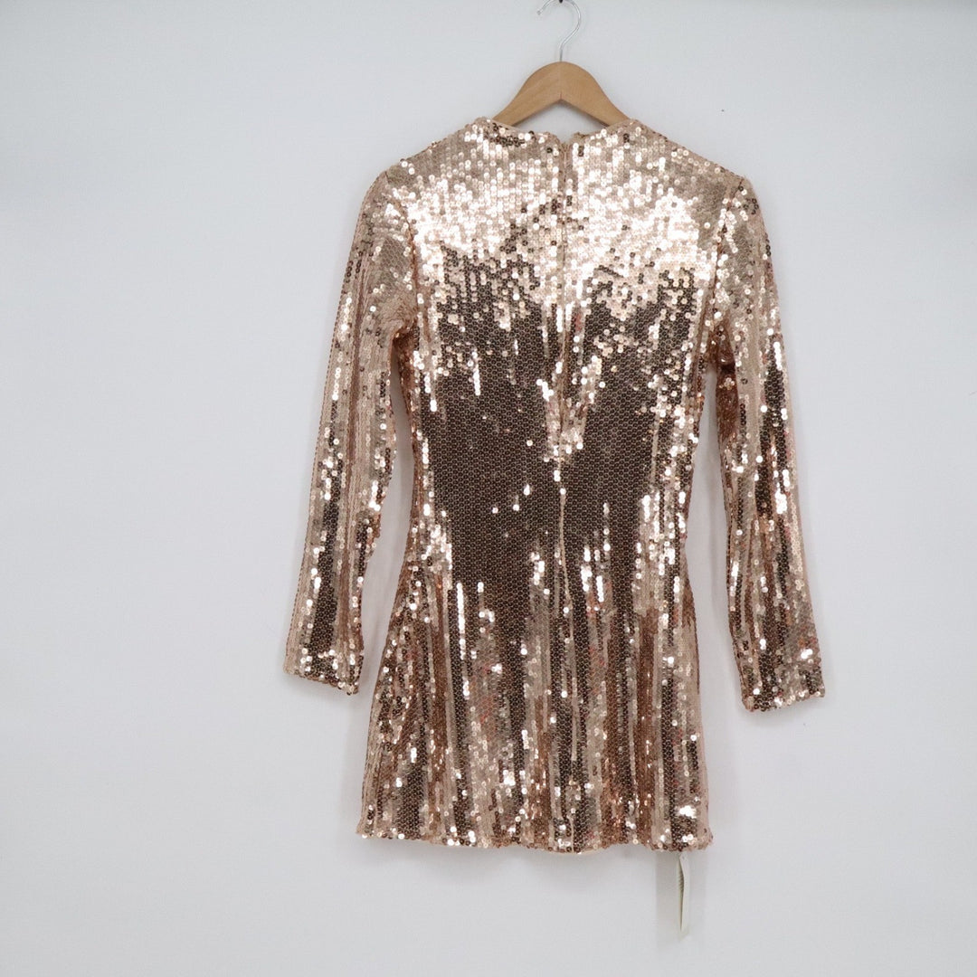 Abercrombie & Fitch Rose Gold Sequin Mock Neck Mini Dress Long Sleeve SP New