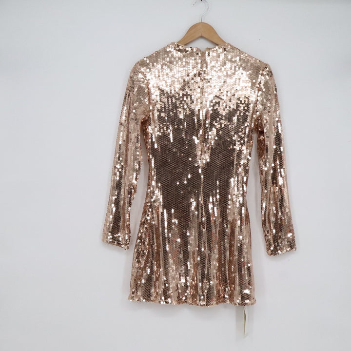 Abercrombie & Fitch Rose Gold Sequin Mock Neck Mini Dress Long Sleeve SP New
